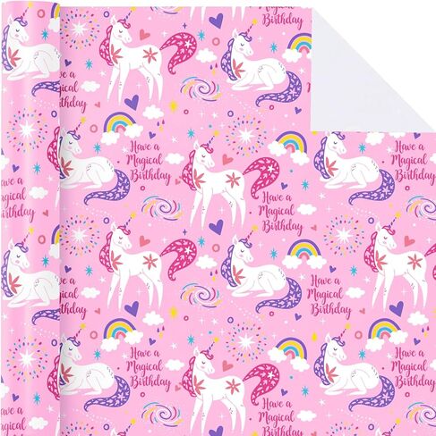 Wrapaholic Pink Unicorn عيد ميلاد لفة الورق - لفة صغيرة - 17 بوصة × 9.8 قدم - احصل على عيد ميلاد سحري مثالي للفتيات ، دش الطفل ، الحفلات ، العطلة in Kuwait