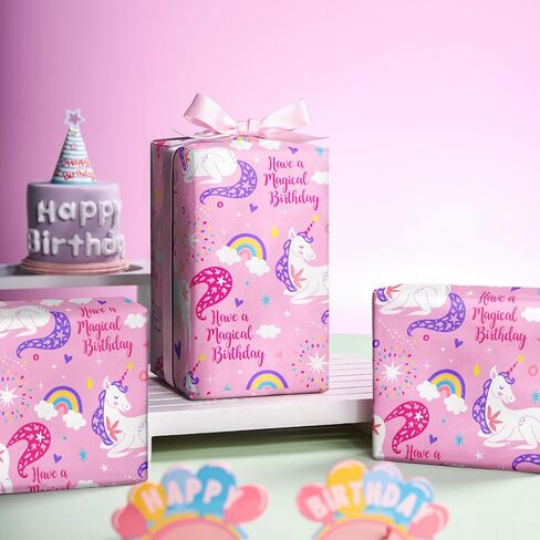Wrapaholic Pink Unicorn عيد ميلاد لفة الورق - لفة صغيرة - 17 بوصة × 9.8 قدم - احصل على عيد ميلاد سحري مثالي للفتيات ، دش الطفل ، الحفلات ، العطلة in Kuwait