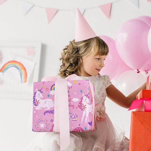 Wrapaholic Pink Unicorn عيد ميلاد لفة الورق - لفة صغيرة - 17 بوصة × 9.8 قدم - احصل على عيد ميلاد سحري مثالي للفتيات ، دش الطفل ، الحفلات ، العطلة in Kuwait