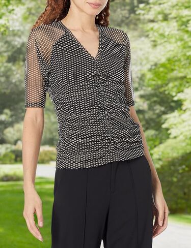 DKNY Women's Short Sleeve V-Neck Mesh Ruched Knit Top in Saudi Arabia