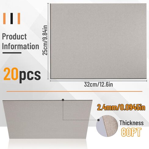 JNENERY 20Pcs Book Board for Book Binding, 12.5 x 10", 80pt Chipboard Sheets, 2mm Thick Binders Board, Heavy Duty Cardboard Sheets and Sturdy Kraft Board for Bookbinding, Crafts, Packaging (Grey) in Saudi Arabia