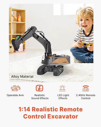 VEVOR Remote Control Excavator Toy, 11 Channel, 1:20 Scale Remote Control Digger Toy, RC Excavator with Lights & Sounds, Full Functional Construction Vehicles for Kids, 2 Batteries, Birthday Present in Saudi Arabia