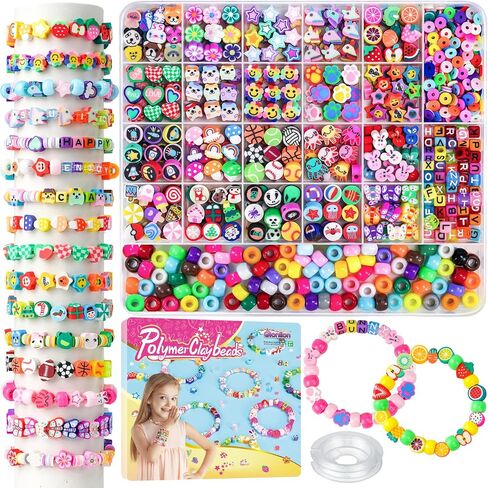 Gionlion 1200 Pcs Polymer Clay Beads Bracelet Making Kit, 25 Style Animal Fruit Flower Butterfly Bunny Pony Letter Beads Charms for Jewelry Making, DIY Art and Crafts Toys Gifts for 4+ Year Old Kids in Kuwait