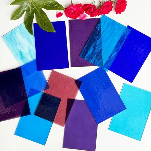 Elluckai 12 Sheets Coe 90 Glass للاندماج ، 6 × 4 بوصات ، مستلزمات زجاجية منصهرة لصنع المجوهرات المصنوعة من الزجاج ، وألواح زجاجية ملطخة من خلال الحرف اليدوية (الأرجواني الأزرق) in Kuwait
