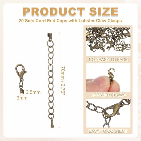 uxcell 20Sets Fold Over Cord Ends, 2.5mm Terminators Crimp Cap Clasp Tips with Lobster Claw Clasps and Extension Chain for Leather DIY Craft Making Necklace Bracelet, Light Gold in Saudi Arabia