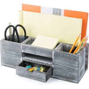 MyGift Rustic Gray Solid Wood Desktop Office Supplies Organizer Caddy with 6 Compartments for Document, Bills, Mail Holder, Pencil Cup and Pull Out Drawer