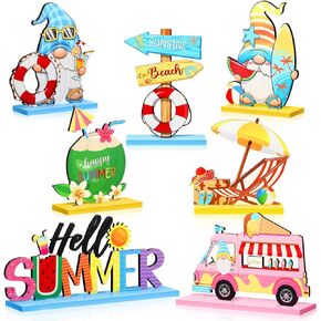 7 Pieces Hello Summer Table Decoration Sign Summer Gnome Wooden Table Centerpieces Beach Gnome Wooden Table Decor Summer Table Sign for Farmhouse Summer Beach Gnome Home Table Tiered Tray Decor