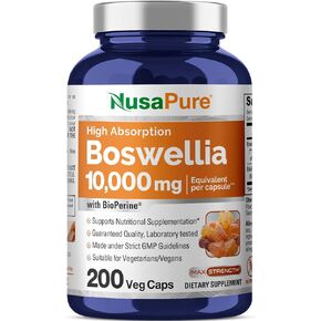 NusaPure Boswellia Serrata 10,000 mg Per Veggie Caps 200 Count (Ext. 20:1, Non-GMO, Gluten Free, Bioperine) Ayurvedic Herb: Indian Olibanum, Frankincense