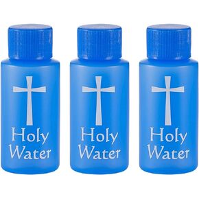 Needzo Small Holy Water Bottles with Screw Top Lid, Blue Refillable Plastic Container with White Cross, No Spill Lid, Catholic Church Supplies for Home, 1 Ounce, Pack of 3