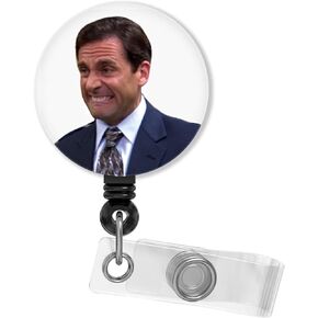 Michael Funny Badge Reel Retractable, Heavy Duty Plastic ID Badge Holder with Alligator Clip for Nurses, Cute Badge Reel The Office, White