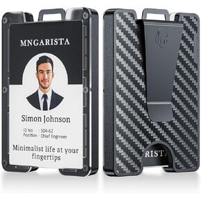 MNGARISTA 3K Carbon Fiber Badge Holder, Heavy Duty Credit Card Holder with Metal Clip, 4 Cards' Capacity, Clear ID Window, Rugged Polycarbonate Case, Widened Lanyard Slot, Black
