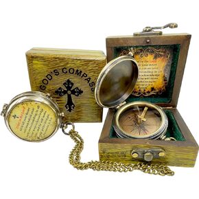 MAH Trust in The Lord with All Your Heart Proverbs 3: 5-6 Quote Compass with Wooden Box Engraved Scripture Prayer Compass Religious Gift for Men & Women Baptism Confirmation Communion Compass for Boys