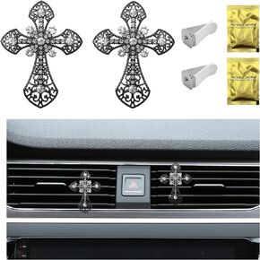 2 PCS Bling Car Air Vent Clip, Crystal Rhinestone Cross Air Outlet Air Freshener Diffuser Clips, Universal Sparkly Vehicle Interior Scents Decor Accessory for Women Girls (Black)