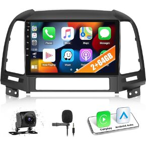 2+64GB CAMECHO Car Stereo for Hyundai Santa Fe 2006-2012 with Wireless CarPlay Andriod Auto 9" Touch Screen Android Car Radio with Bluetooth GPS Navigation HiFi WiFi FM RDS Radio + AHD Backup Camera