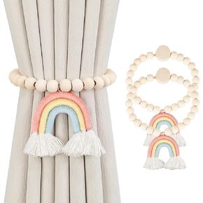 Curtain Holdbacks Magnetic Curtain Holders, Wood Bead Curtain Holdbacks Boho Rainbow Tiebacks for Drapes Curtains Sheer Home Bedroom Kitchen Office Window Decor (2 Pack)