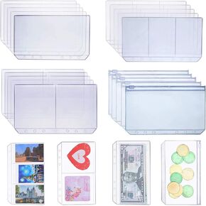 Shappy 18 Pieces A6 Size Binder Pockets with Different Partitions, Plastic Binder Folders Waterproof 6 Holes Zipper Loose Leaf Bags for Documents Notebooks Cards