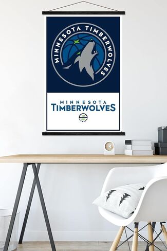 Trends International NBA Minnesota Timberwolves - ملصق حائط بشعار 21، 22.375 بوصة × 34 بوصة، طباعة وحزمة شماعات من خشب الزان in Kuwait
