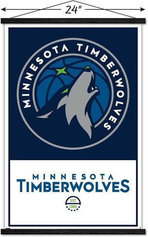 Trends International NBA Minnesota Timberwolves - ملصق حائط بشعار 21، 22.375 بوصة × 34 بوصة، طباعة وحزمة شماعات من خشب الزان in Kuwait