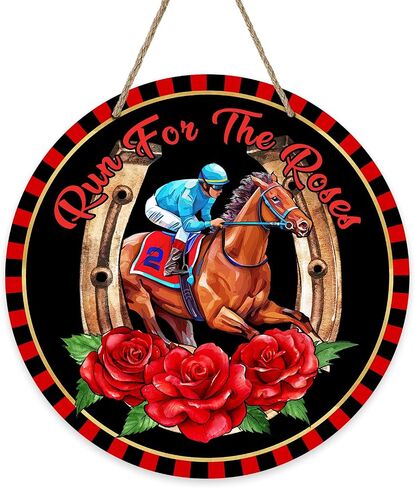 Run for The Rose Horse Racing Front Door Sign, Kentucky Derby Jockey Horseshoe Wood Door Hanger Outdoor Outside Porch Decor, Black Red Wooden Wreath Indoor Wall Hanging Decoration in Saudi Arabia