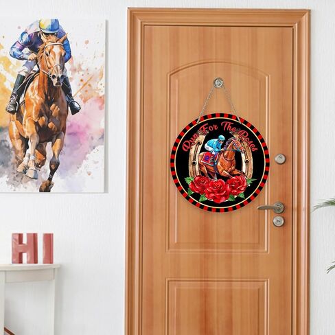 Run for The Rose Horse Racing Front Door Sign, Kentucky Derby Jockey Horseshoe Wood Door Hanger Outdoor Outside Porch Decor, Black Red Wooden Wreath Indoor Wall Hanging Decoration in Saudi Arabia