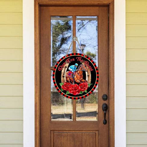 Run for The Rose Horse Racing Front Door Sign, Kentucky Derby Jockey Horseshoe Wood Door Hanger Outdoor Outside Porch Decor, Black Red Wooden Wreath Indoor Wall Hanging Decoration in Saudi Arabia