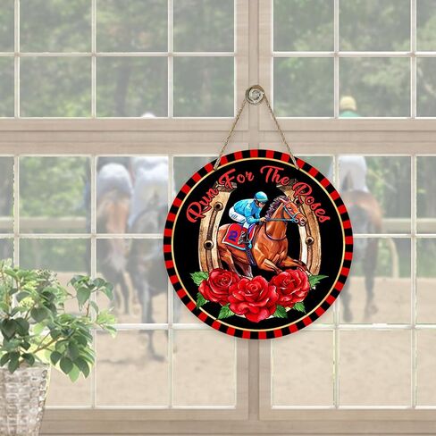 Run for The Rose Horse Racing Front Door Sign, Kentucky Derby Jockey Horseshoe Wood Door Hanger Outdoor Outside Porch Decor, Black Red Wooden Wreath Indoor Wall Hanging Decoration in Saudi Arabia