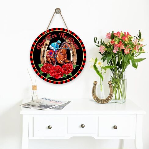 Run for The Rose Horse Racing Front Door Sign, Kentucky Derby Jockey Horseshoe Wood Door Hanger Outdoor Outside Porch Decor, Black Red Wooden Wreath Indoor Wall Hanging Decoration in Saudi Arabia