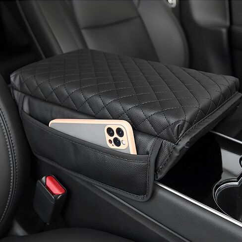 Car Armrest Cushion, Carbon Fiber Leather Auto Center Console Pad, Memory Foam Armrest Box with Storage Bag, Hand Rest Pillow with Organizer Pockets, Universal Fit for Most Vehicles in Saudi Arabia