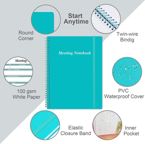 دفتر اجتماعات للعمل مع عناصر العمل، دفتر مخطط مشروع حلزوني مقاس A4 لتدوين الملاحظات، منظم جدول أعمال ملاحظات اجتماع المكتب/العمل للرجال والنساء، 80 ورقة، 160 صفحة، 8.5 بوصة × 11 بوصة، أزرق مخضر in Kuwait