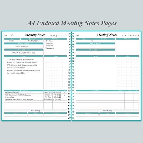 دفتر اجتماعات للعمل مع عناصر العمل، دفتر مخطط مشروع حلزوني مقاس A4 لتدوين الملاحظات، منظم جدول أعمال ملاحظات اجتماع المكتب/العمل للرجال والنساء، 80 ورقة، 160 صفحة، 8.5 بوصة × 11 بوصة، أزرق مخضر in Kuwait