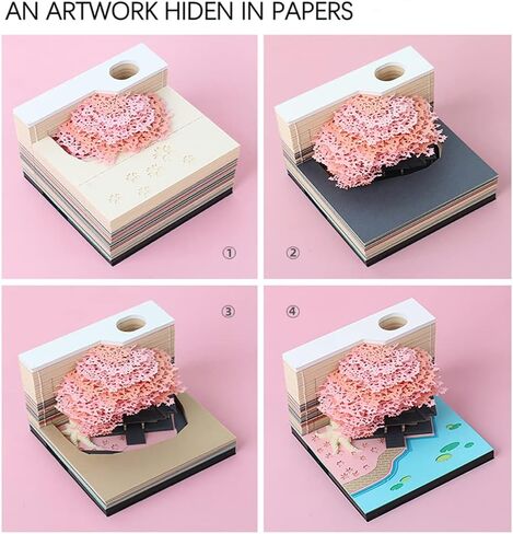 لوحة مذكرة ثلاثية الأبعاد 260 ورقة شجرة منزل المفكرة Omoshiroi كتلة لطيف Kawaii ملاحظة الوسادة الراحة ورقة نحت الفن الحرف اليدوية مكتب الديكور حامل القلم الإبداعية هدية ديكور DIY (الوردي مع الضوء) in Kuwait