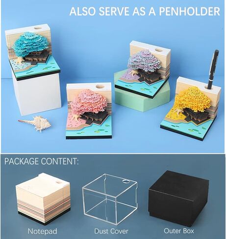 لوحة مذكرة ثلاثية الأبعاد 260 ورقة شجرة منزل المفكرة Omoshiroi كتلة لطيف Kawaii ملاحظة الوسادة الراحة ورقة نحت الفن الحرف اليدوية مكتب الديكور حامل القلم الإبداعية هدية ديكور DIY (الوردي مع الضوء) in Kuwait