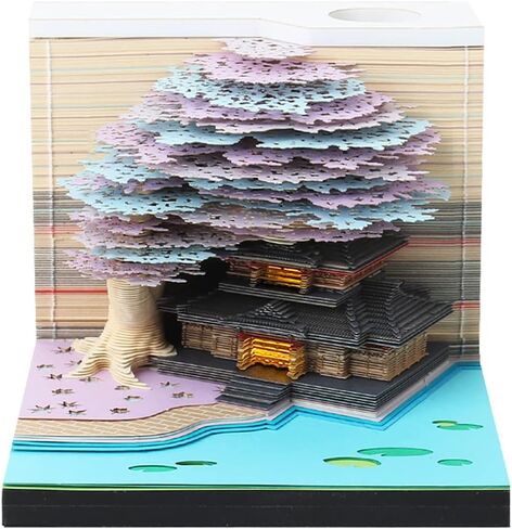 لوحة مذكرة ثلاثية الأبعاد 260 ورقة شجرة منزل المفكرة Omoshiroi كتلة لطيف Kawaii ملاحظة الوسادة الراحة ورقة نحت الفن الحرف اليدوية مكتب الديكور حامل القلم الإبداعية هدية ديكور DIY (الوردي مع الضوء) in Kuwait