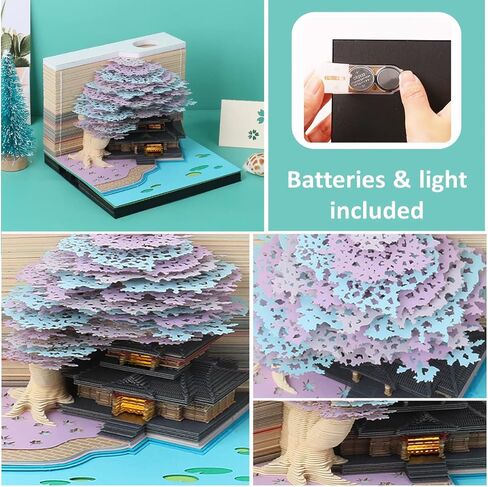 لوحة مذكرة ثلاثية الأبعاد 260 ورقة شجرة منزل المفكرة Omoshiroi كتلة لطيف Kawaii ملاحظة الوسادة الراحة ورقة نحت الفن الحرف اليدوية مكتب الديكور حامل القلم الإبداعية هدية ديكور DIY (الوردي مع الضوء) in Kuwait