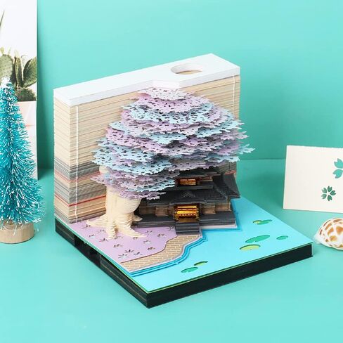 لوحة مذكرة ثلاثية الأبعاد 260 ورقة شجرة منزل المفكرة Omoshiroi كتلة لطيف Kawaii ملاحظة الوسادة الراحة ورقة نحت الفن الحرف اليدوية مكتب الديكور حامل القلم الإبداعية هدية ديكور DIY (الوردي مع الضوء) in Kuwait