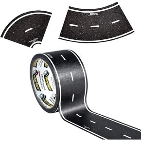 PlayTape Road Tape and Curves for Toy Cars - 1 Roll of 60 ft. x 2 in. Asphalt Road + 1 Roll of 36 Curves