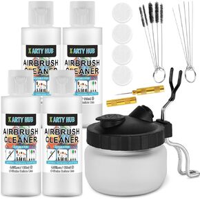 X ARTY HUB Airbrush Cleaning Kit - 4 * 4.05 fl oz / 120 ml Airbrush Cleaner with Glass Cleaning Pot, Easily Handle Water-Based and Acrylic Paints, for Airbrushes & Other Artistic Tools