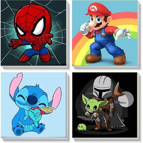 KOJEFCV 4 Pack Cartoon Paint by Number for Kids with Wooden Frame-Paint by Numbers for Kids Ages 4-8-12, DIY Paints with Numbers Easy Acrylic Oil Painting Kits for Home Wall Decor (8X8inch)