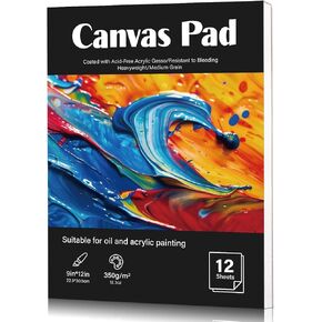 12 Sheets Canvas Paper Pad 9"x12", 350 GSM Canvas Sheets Glue Bound Canvas Sketchbook for Adults and Students - Acrylic Painting, Oil Painting