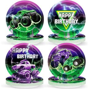 48Pcs Green Purple Monster Truck Party Paper Plates 7" Monster Truck Birthday Party Supplies Racing Car Theme Disposable Dessert Dinner Plates Tableware for Kids Boys Baby Shower Birthday Decoration
