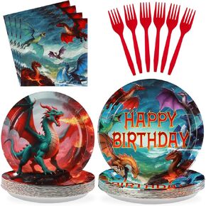 Grencian 96pcs Dragon Dragon Party Party Supplies - Red Fire Dragon Party Party and Fackins يمكن التخلص منها في أدوات المائدة المخصصة للطفل