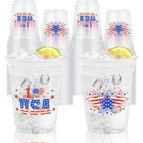 50 Pcs 12 oz 4th of July Plastic Drinkware, "I Love USA" and Patriotic Star Printed Disposable Drinkware, Red White Blue American Flag Design for Beverages, Beer, and Independence Day Party Supplies