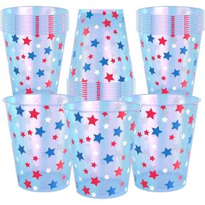 YQUQWN 25 PCS 4th of July Iridescent Cups 12 oz Fourth of July Patriotic Disposable Red White Blue Plastic Cups for American Party Decorations Favors Memorial Day Party Supplies Accessories