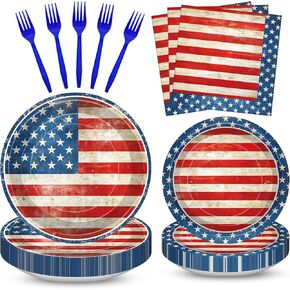100 Pcs American Flag Party Supplies Set, Serves 25 – Disposable Patriotic Paper Plates, Napkins, and Forks, USA Flag-Themed Tableware for 4th of July, Memorial Day, Veterans Day, Independence Day BBQ