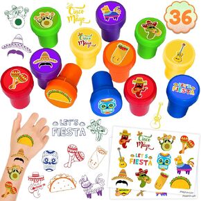 36PCS Fiesta Party Favors - 24PCS Temporary Tattoos & 12PCS Stamps - Ideal Mexican Cinco de Mayo Taco Themed Birthday Card Decorations Supplies Goodie Bag Cute Rewards for Boys Girls Kids Gifts Prizes