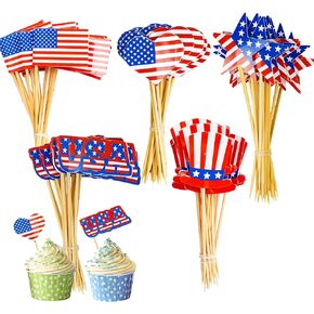 Uptotop 100 Pcs USA American Flag US Toothpick Flags, Mini Stick Cupcake Toppers, 4th of July, Veterans Day, Country Picks Party Decoration Celebration Cocktail Food Bar Cake Flag (5 Pattern)