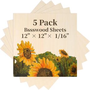 Balsa Wood Sheet, 5 Pack Plywood Sheets, Basswood Sheets 12X12X1/16 Inch, Unfinished Wood Boards Blanks for Laser Cutting, Engraving, Burning, Crafts