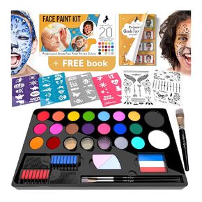 ADIS&GUYS Face Painting Kits for Kids 107-Piece Set with 20 Water-Based Colors, Hair Chalk, 40 Stencils, Brushes, and Quick-Dry, Non-Toxic Makeup for Sensitive Skin, Face Paint for Parties and Gifts.
