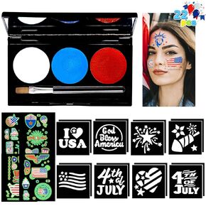 JOYIN 22PCS Red White Blue 4th of July Glowing Face Paint Set, Glow in the dark Patriotic Makeup with Stencils Sticker Temporary Tattoos for Independence Day, Memorial Day Party, Party Favors