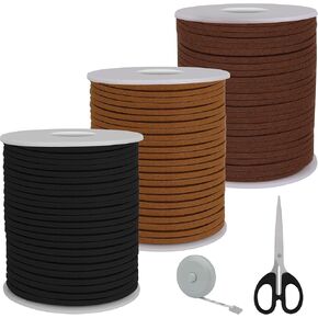 3 Colors Flat Suede Leather Cord, Larbeti 148 Yard Leather String Cord for Jewelry Making Thin Suede String Ribbon Lace for Crafts, Hats, Shoes, Necklaces, Bracelets with Scissors, Ruler